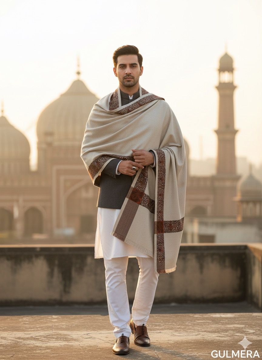 Men’s Elegant Wool Shawl with Kashmiri & Tribal Design