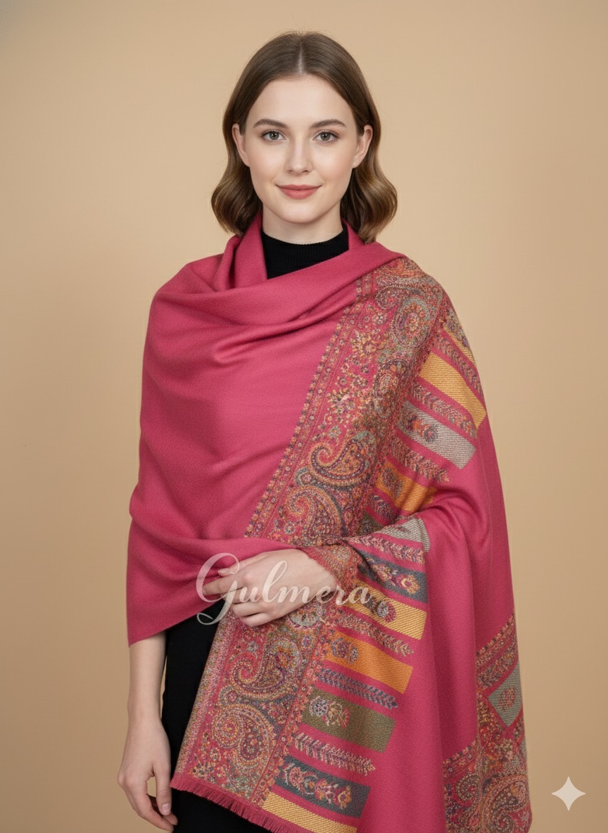 JAMAVAR PALLA BORDER SHAWL WOOL BLEND 