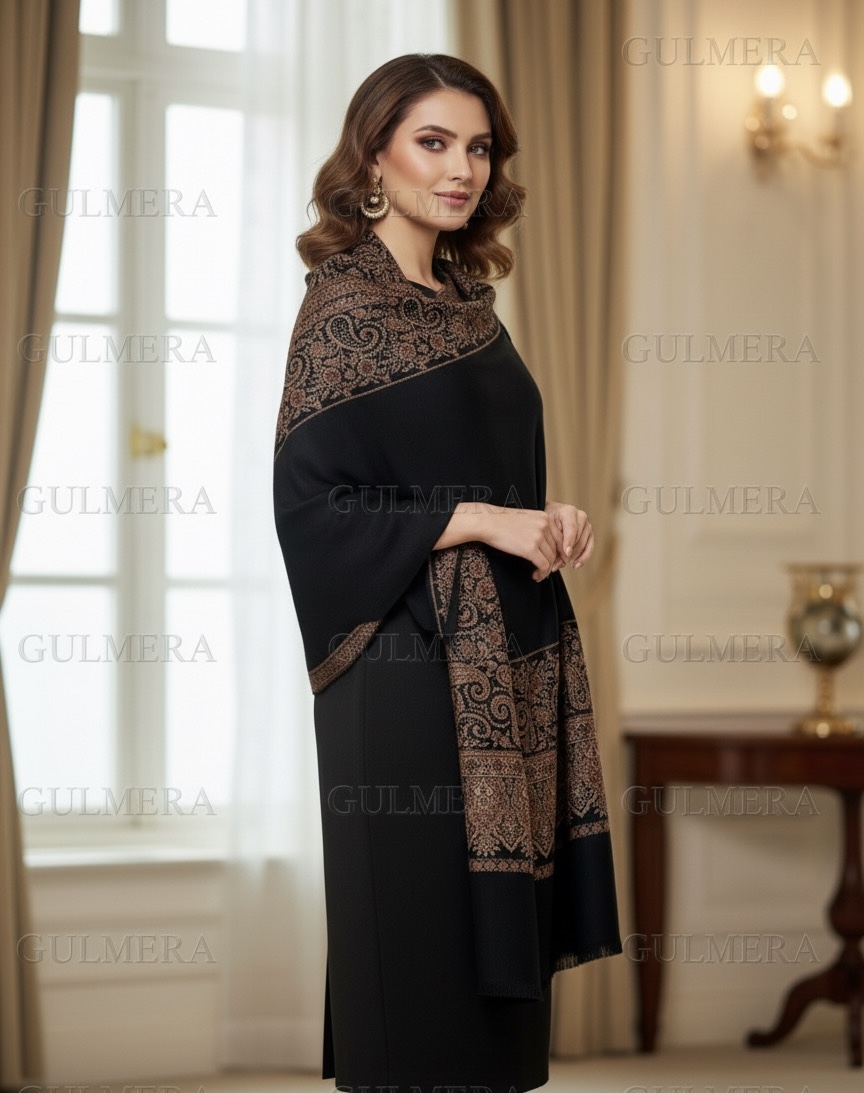 ELEGANT JAMAVAR WOOL BLEND BLACK SHAWL WITH SIRVOSKI