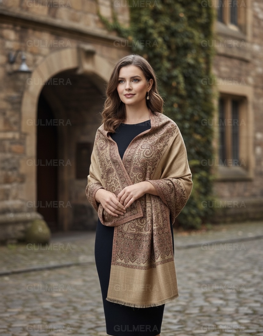 ELEGANT JAMAVAR WOOL BLEND BEIGE SHAWL WITH SIRVOSKI