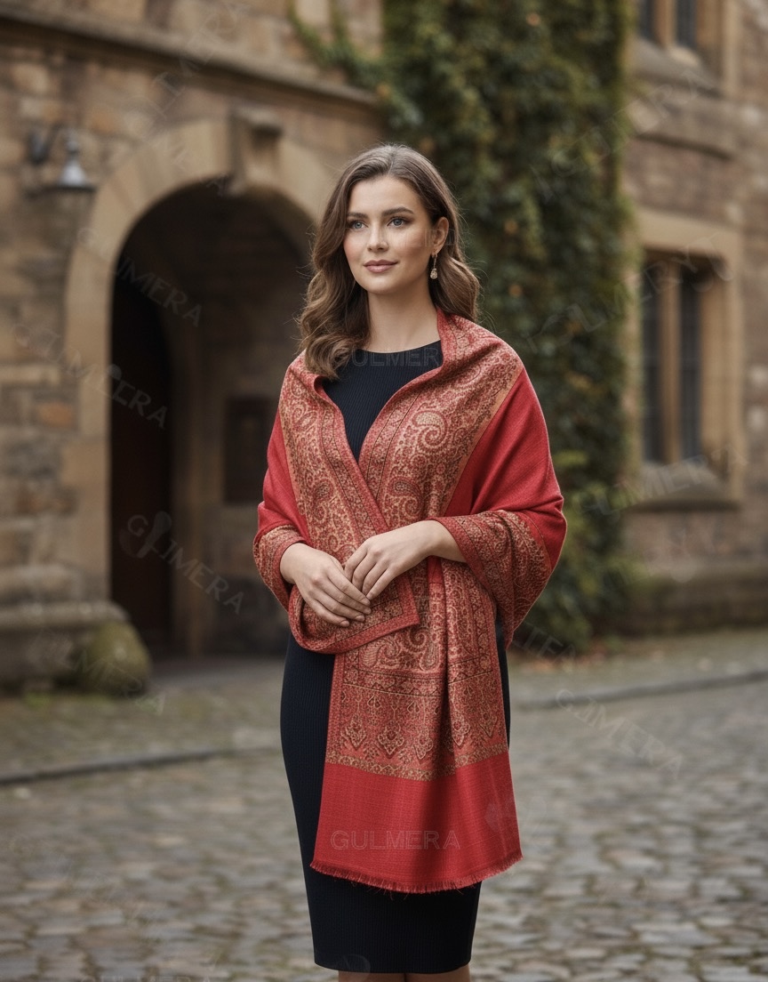 ELEGANT JAMAVAR WOOL BLEND REDDIOSH MEHROON SHAWL WITH SIRVOSKI