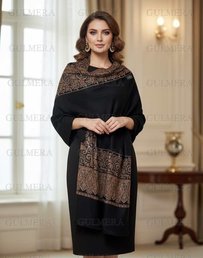 ELEGANT JAMAVAR WOOL BLEND BLACK SHAWL WITH SIRVOSKI