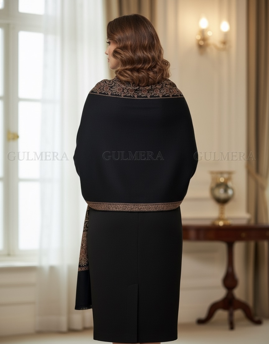 ELEGANT JAMAVAR WOOL BLEND BLACK SHAWL WITH SIRVOSKI