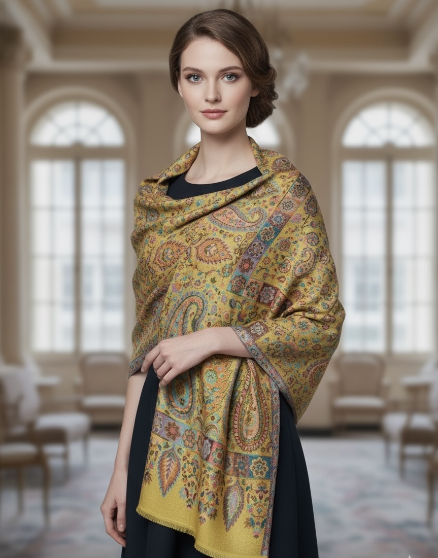 MULTY KANI WOOL SILK STOLE MUSTARD 