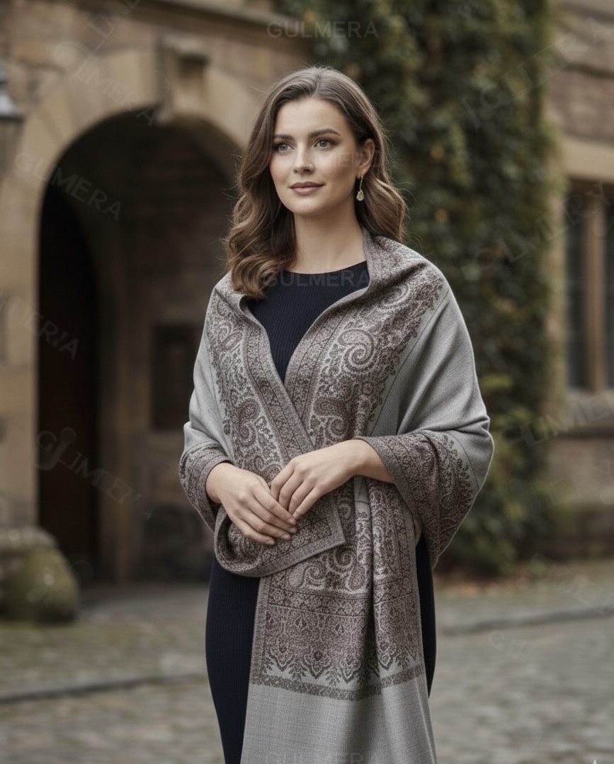 ELEGANT JAMAVAR WOOL BLEND MELAMGE GREY SHAWL WITH SIRVOSKI